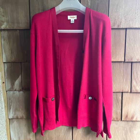 Talbots Knit Red Grosgrain Trim Cardigan Sweater Pearl Button Front LongSleeve M - Picture 2 of 12